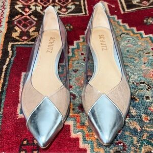 SCHUTZ CLEAR LEATHER FLAT SILVER POINT Flats SHOES SZ 6.5